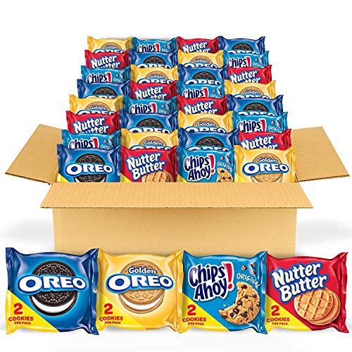 Variety pack of 56 snack packs featuring OREO Original, OREO Golden, CHIPS AHOY!, and Nutter Butter cookies, each with colorful packaging in blue, yellow, and red.