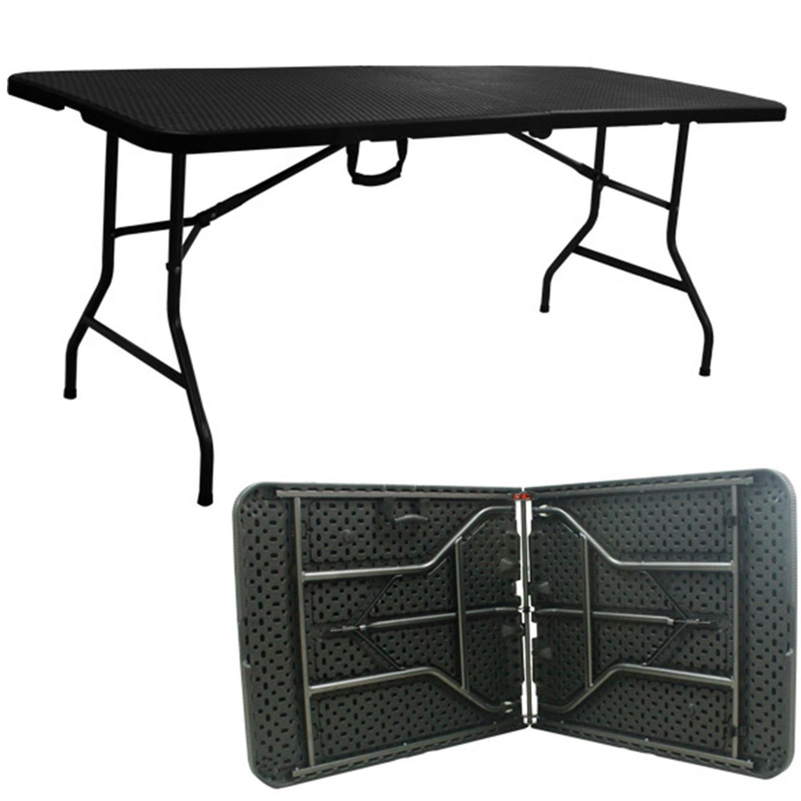 Black rattan effect folding table, 6ft long, featuring a textured surface and sturdy black metal legs, with a convenient folding design for easy storage.