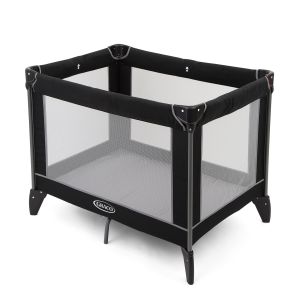 Graco Compact™ Travel Cot in black and grey features a sturdy frame, mesh sides for ventilation, and a lightweight design for easy portability.