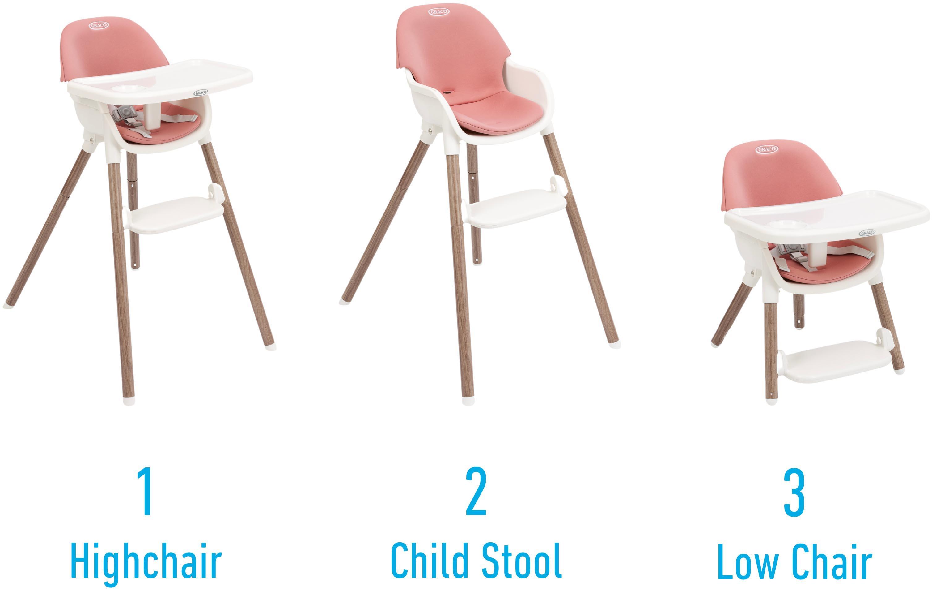 Graco Presti Highchair in dusty rose with wooden legs, adjustable tray, and convertible design for multiple seating options.