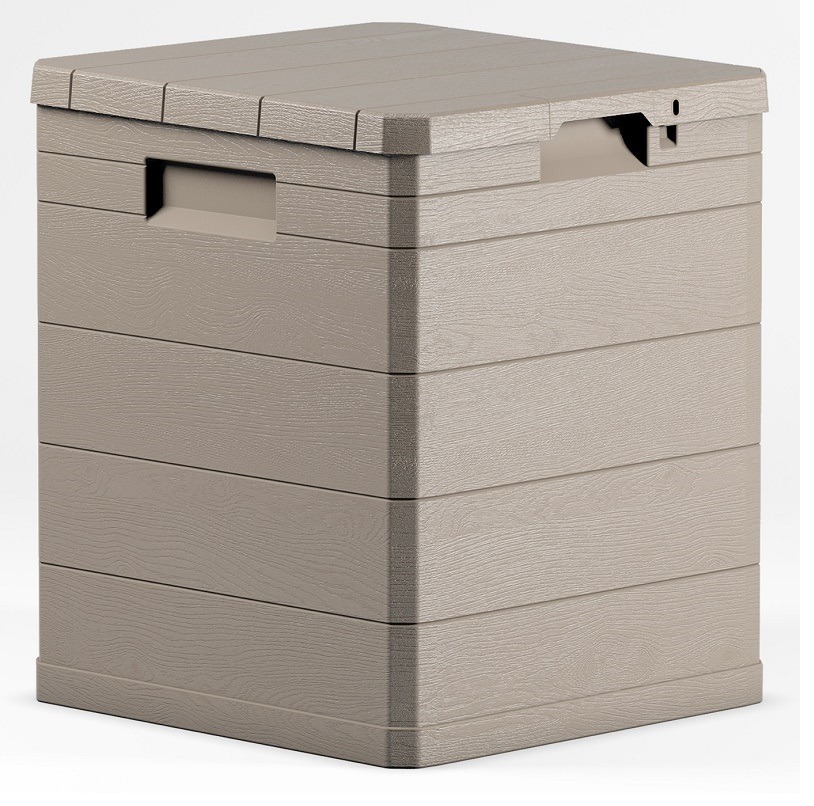 Anthracite-colored Plastmeccanica Trunk by Toomax, made of durable plastic, features a textured wood-like design, a square shape, and side handles for easy transport.