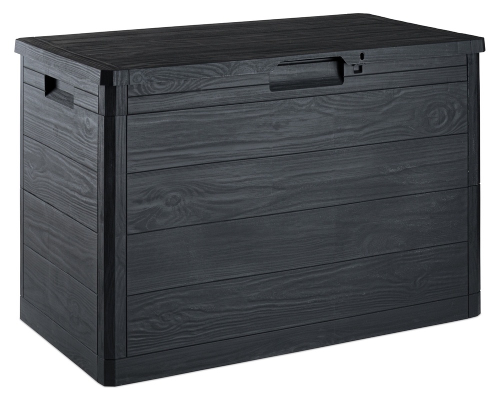 Graphite-colored plastic storage box with a wood-like texture, featuring a hinged lid and side handles, designed for outdoor use with a capacity of 160 liters.