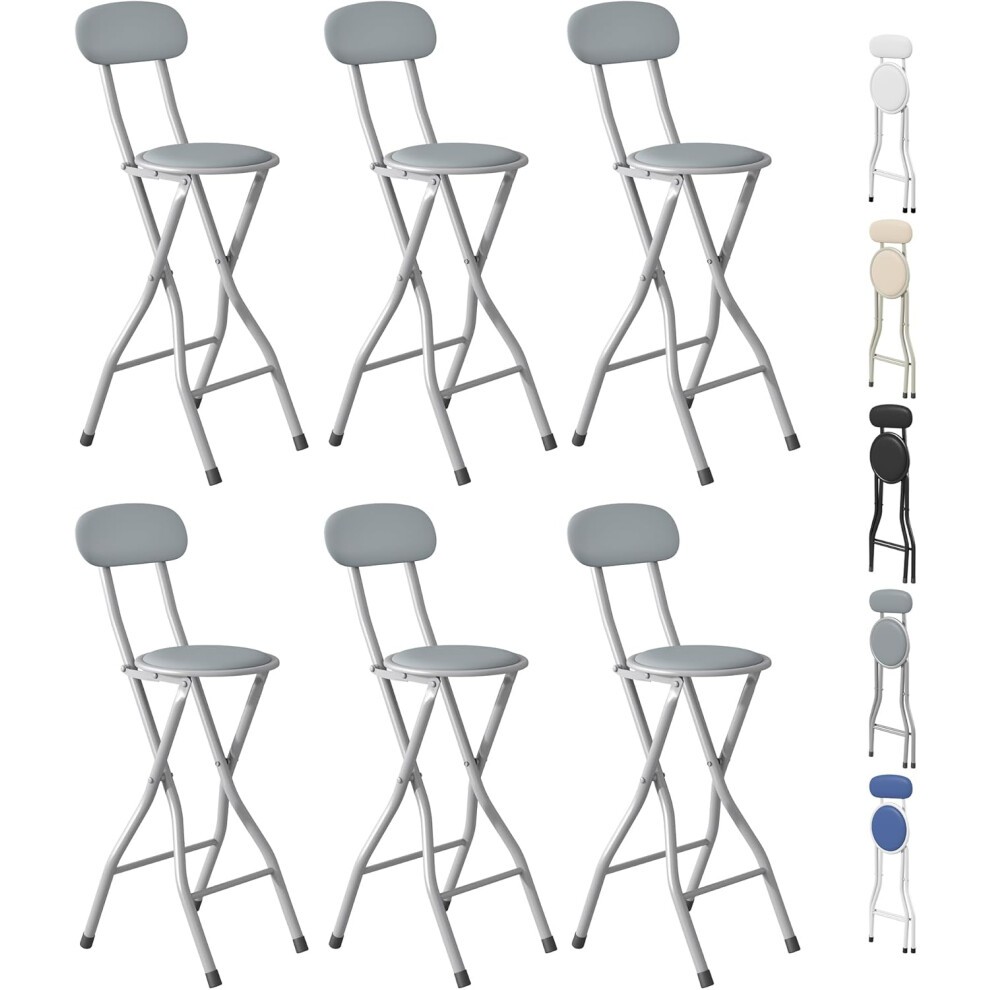Six grey folding bar stools with round seats and sturdy metal frames, featuring a sleek design suitable for kitchens or restaurants.