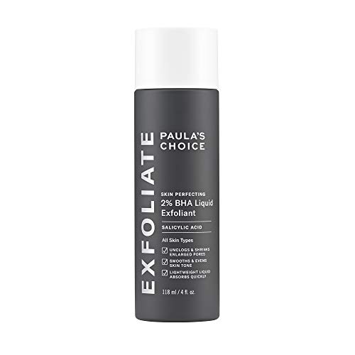 Black cylindrical bottle with a white cap, labeled "EXFOLIATE" and "2% BHA Liquid Exfoliant" in bold white text, designed for facial exfoliation targeting blackheads and wrinkles.