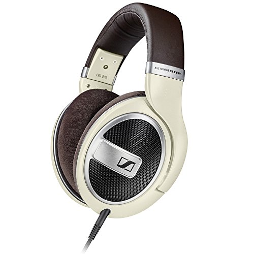 SENNHEISER HD 599 open-back headphones in ivory with brown velvet ear cushions and a silver logo plate, featuring a cushioned headband for comfort.