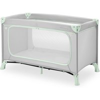 Dusty mint green travel cot with mesh sides, sturdy frame, and foldable design by Hauck.