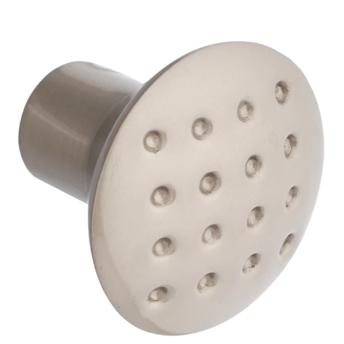 Satin nickel cabinet knob featuring a dimpled design, round shape, and sturdy base, sold in a pack of six by Hiatt Hardware.