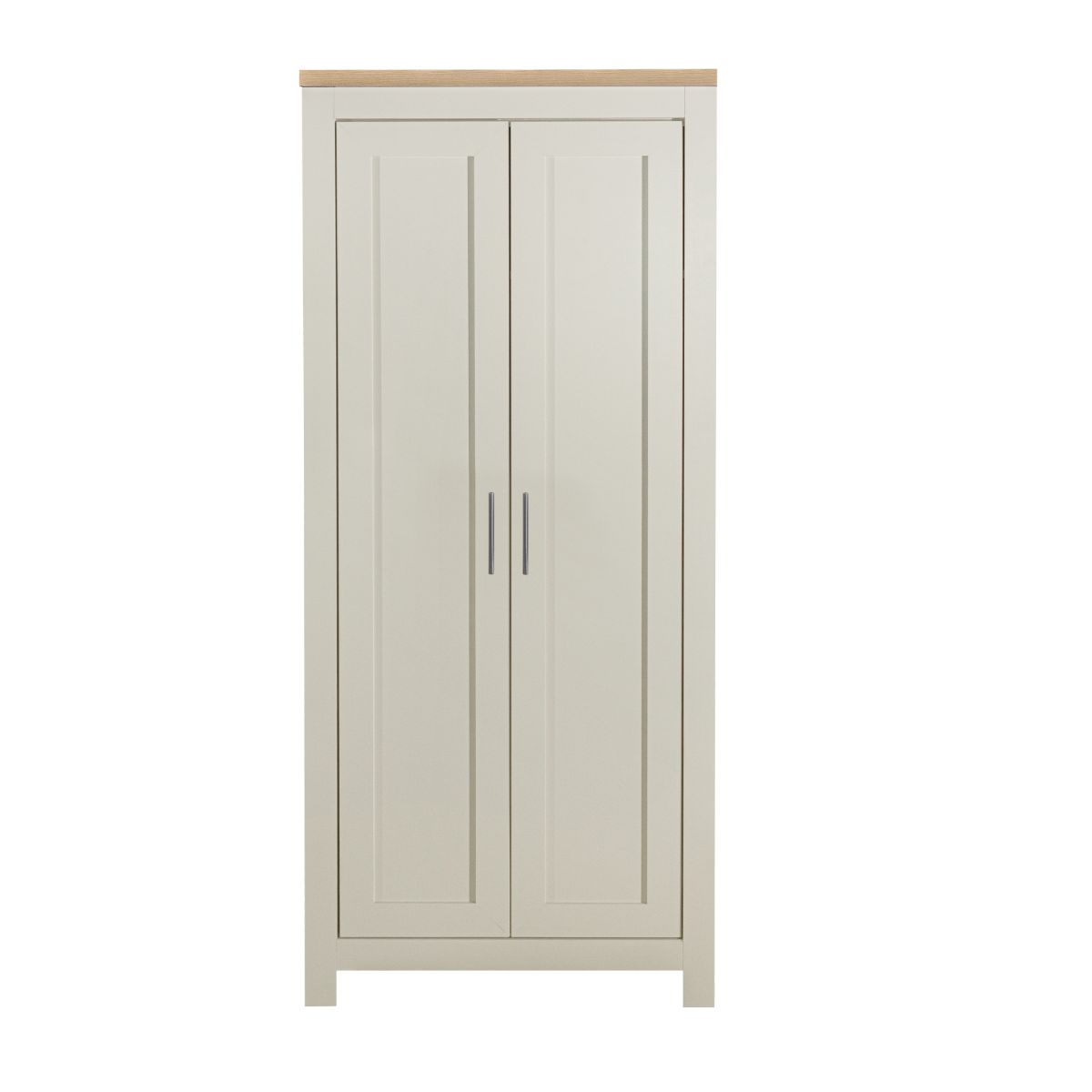 Navy blue and oak two-door wardrobe featuring a sleek design with vertical paneling and metal handles, ideal for stylish storage solutions.