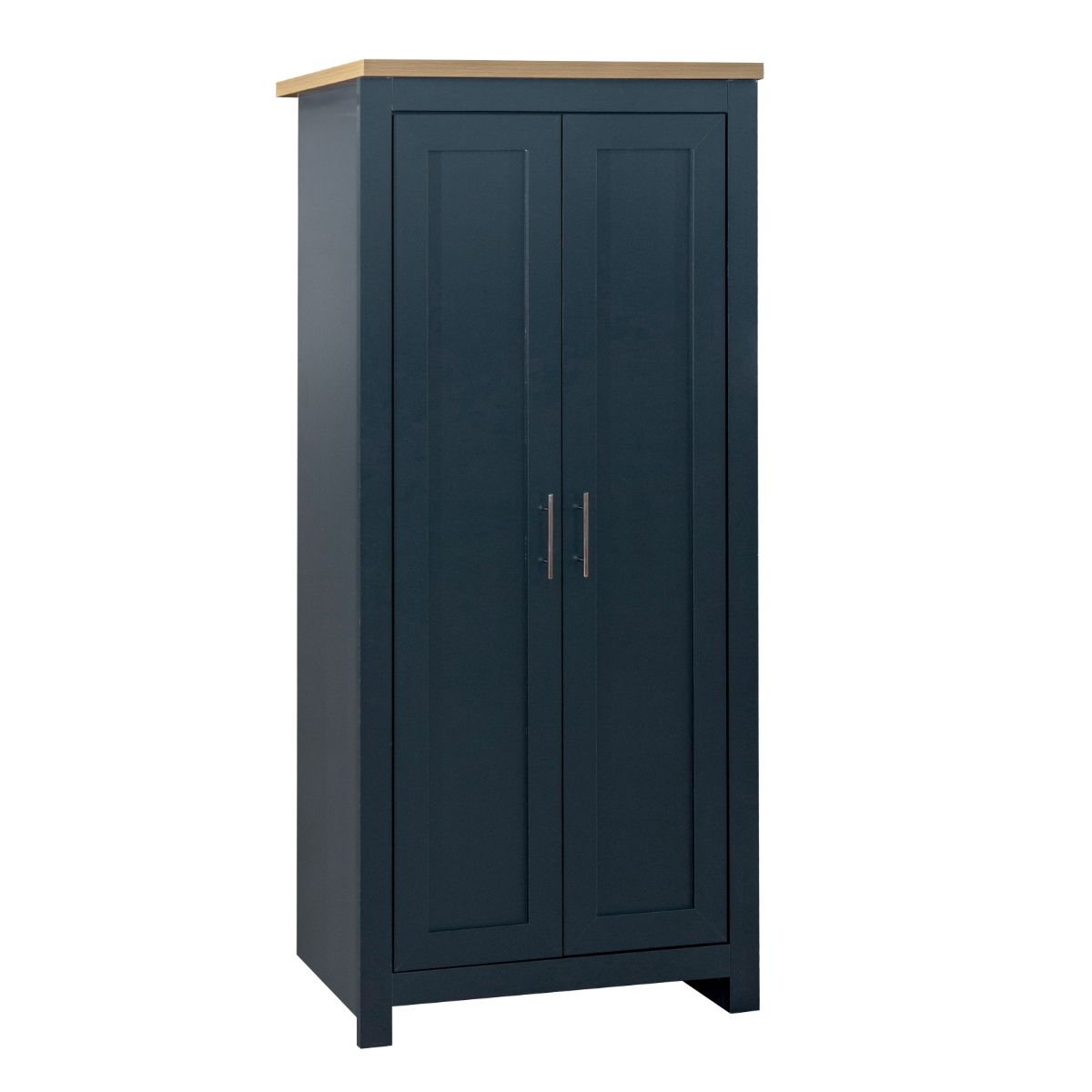 Navy blue wardrobe with two doors and a natural oak top, featuring a farmhouse style design and sleek metal handles.