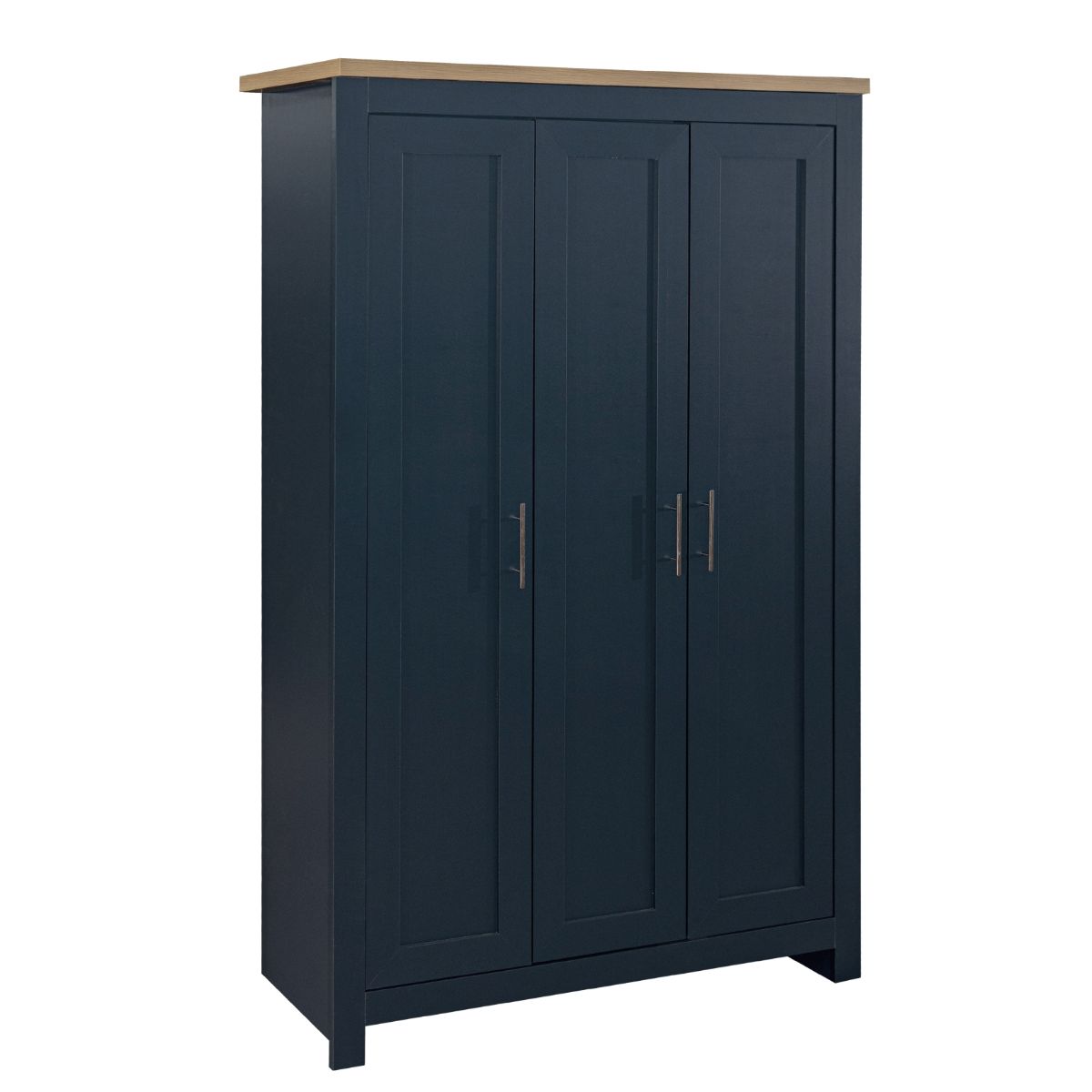 Cream and oak three-door wardrobe featuring a blue finish, sleek handles, and a clean, modern design suitable for various bedroom styles.