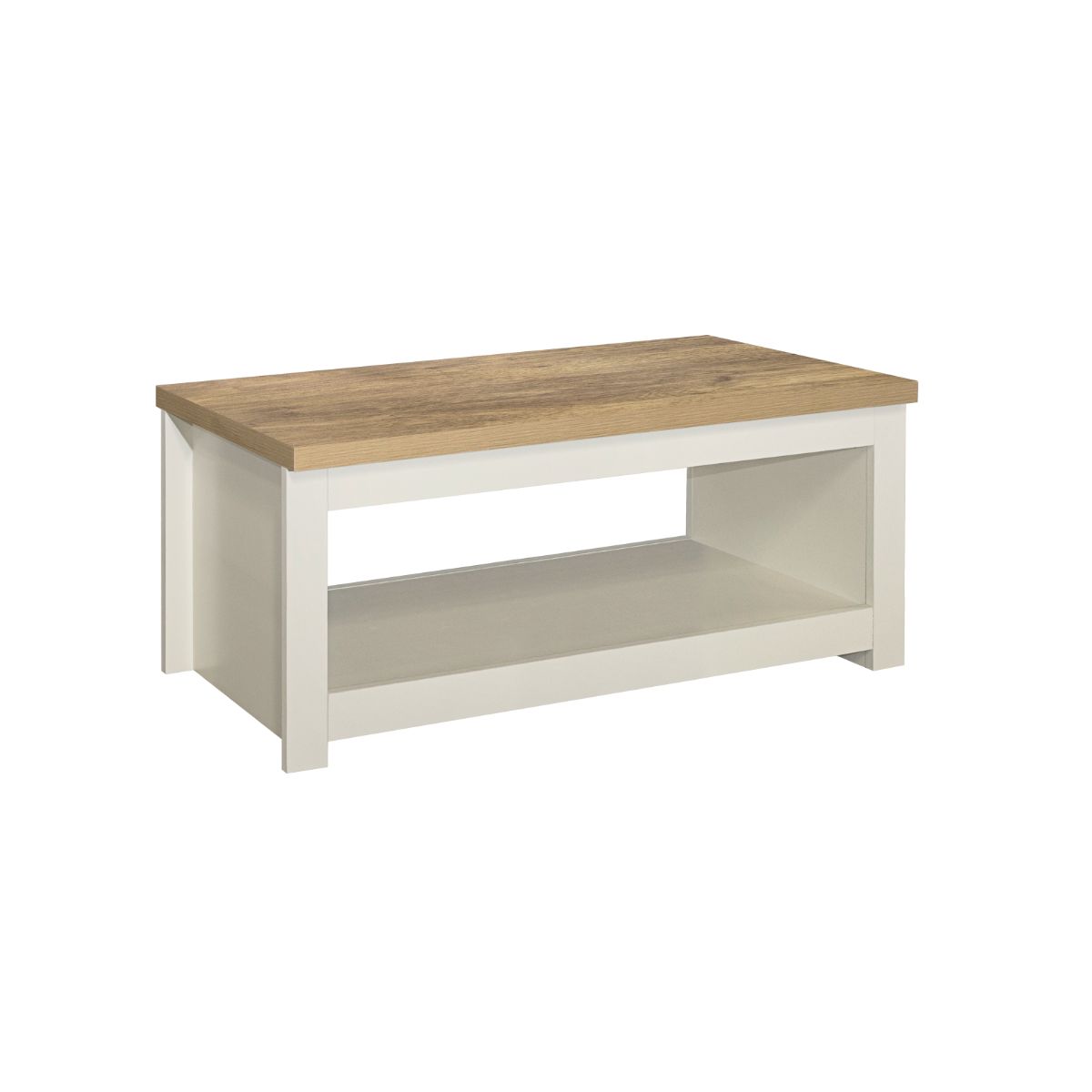 Rectangular coffee table featuring a cream-painted base and a natural wood top, with an open shelf for storage, embodying a farmhouse shabby chic style.