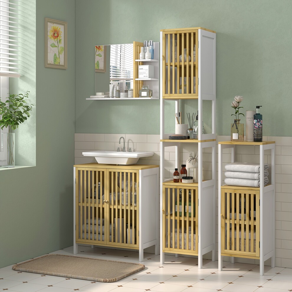 Tall white bathroom cabinet made of bamboo with adjustable shelves, featuring a slatted design, placed beside a sink and decorative items in a light green bathroom setting.
