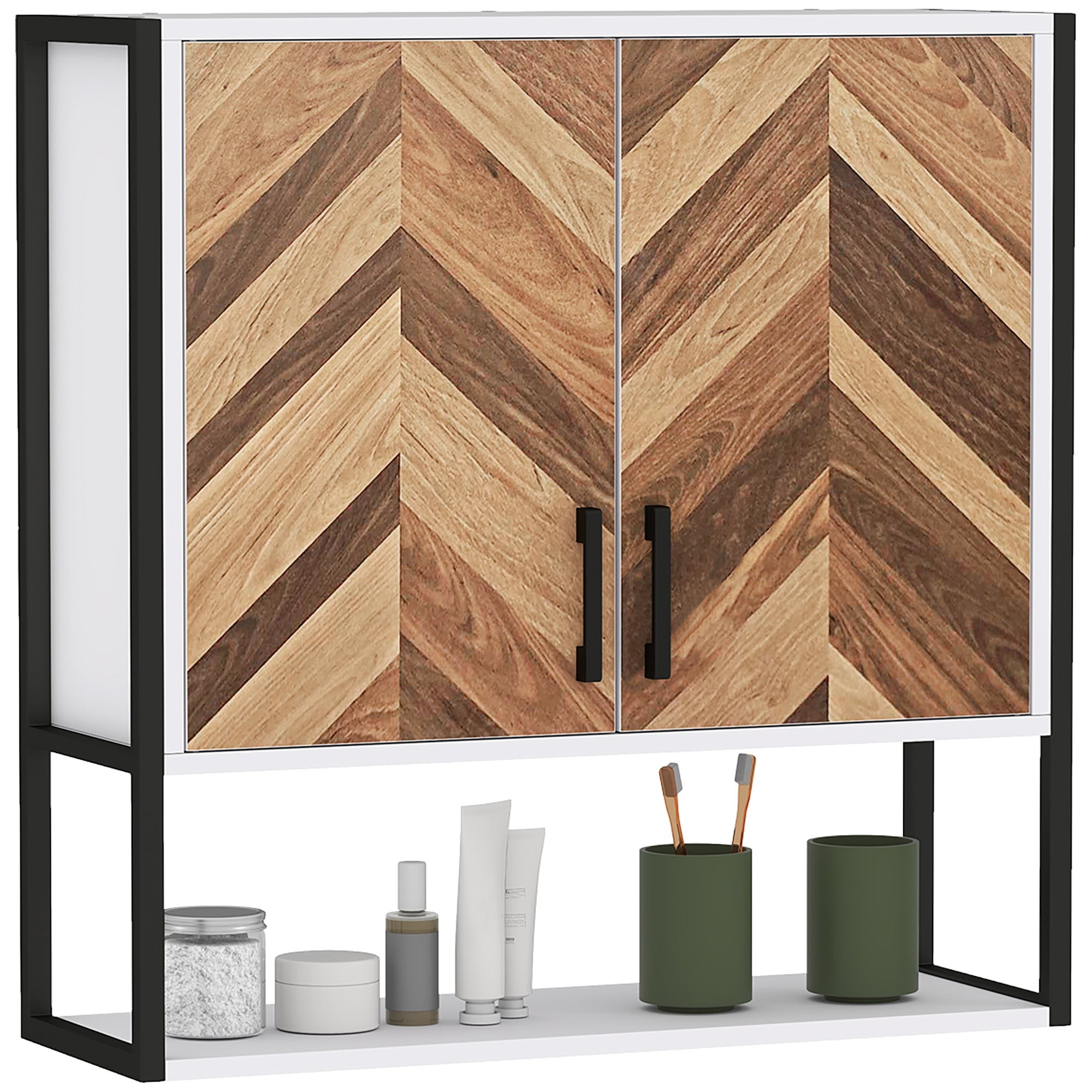 Walnut-finished wall-mounted bathroom cabinet with a chevron pattern, featuring two doors, black handles, and a lower shelf displaying toiletries and decorative containers.