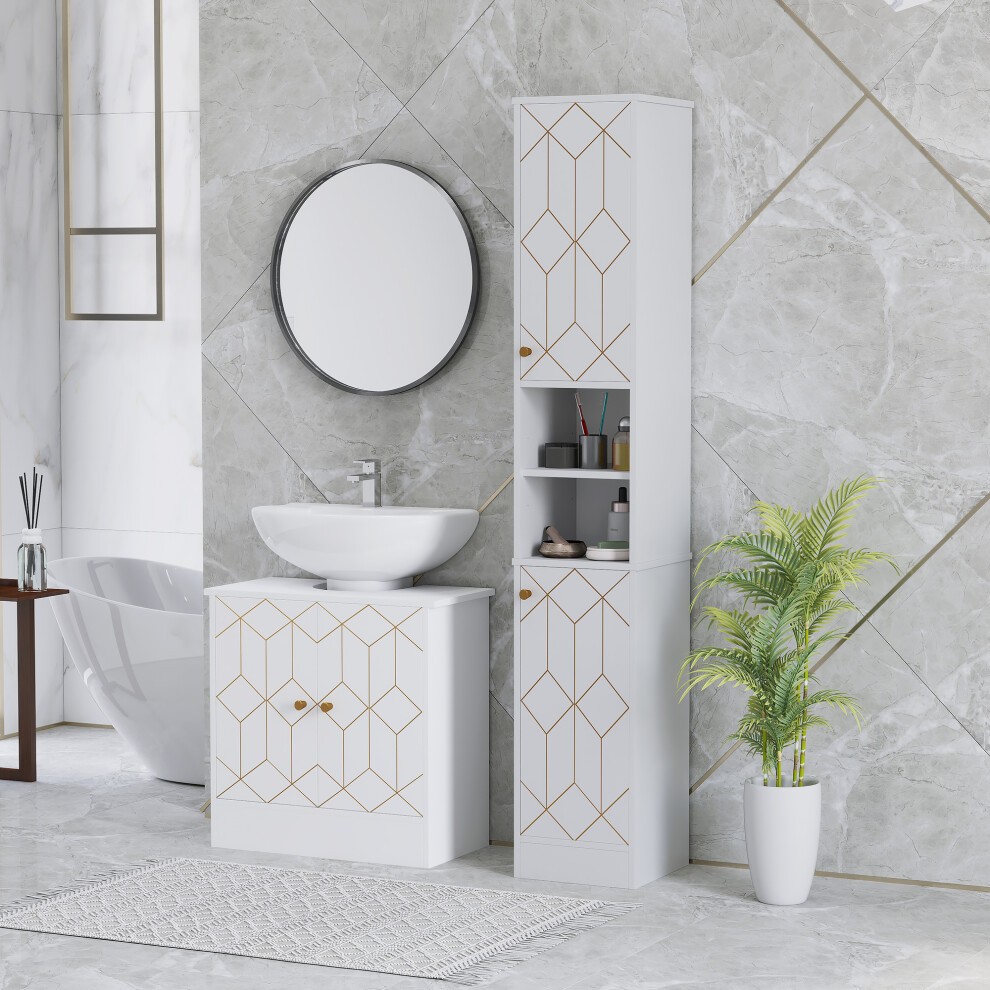 Slim white bathroom cabinet with geometric gold accents, featuring two doors and open shelving, set against a marble backdrop with a round mirror and sink.
