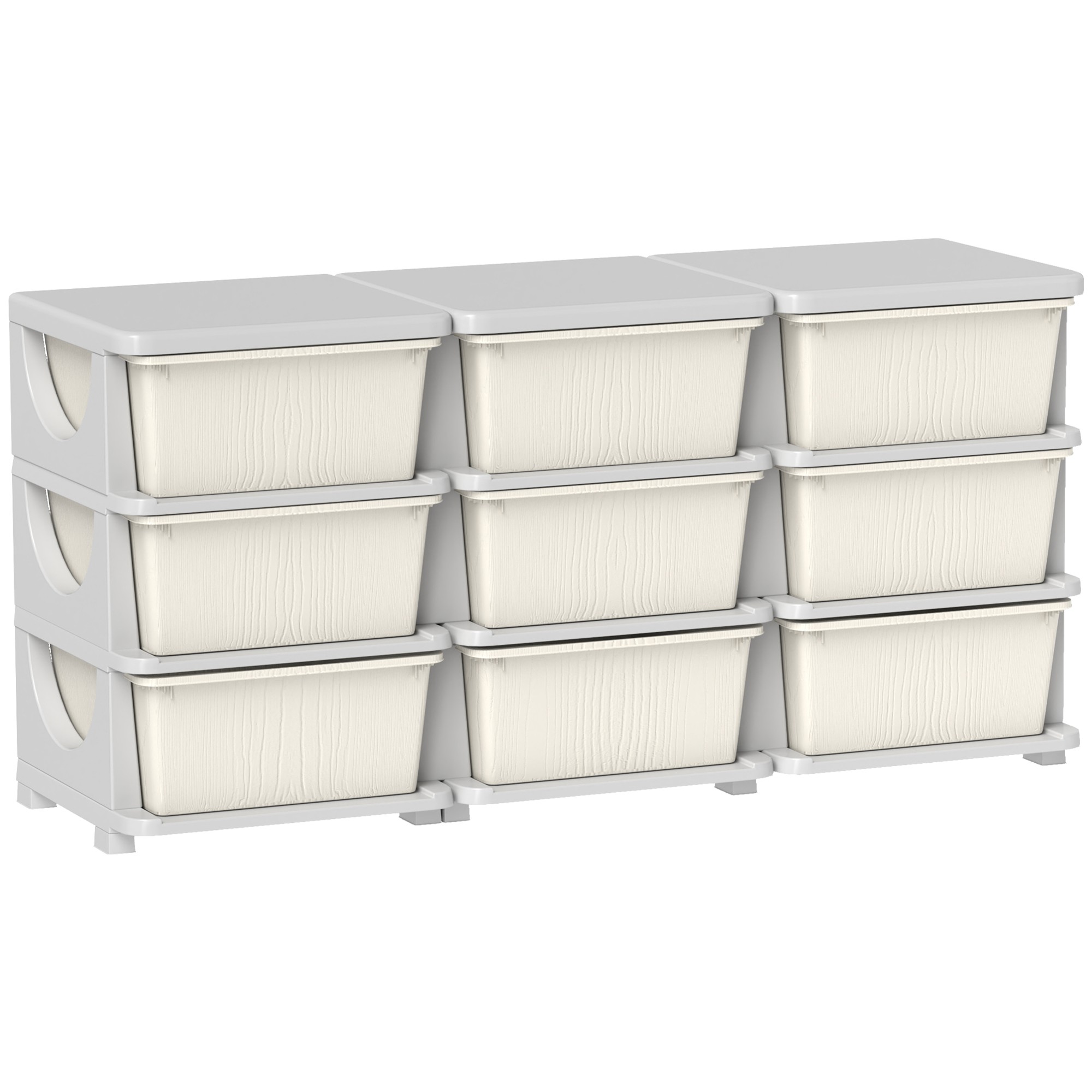 Cream-colored kids' storage unit featuring nine fabric drawers with a textured design, set in a sturdy white frame, ideal for organizing toys and belongings.