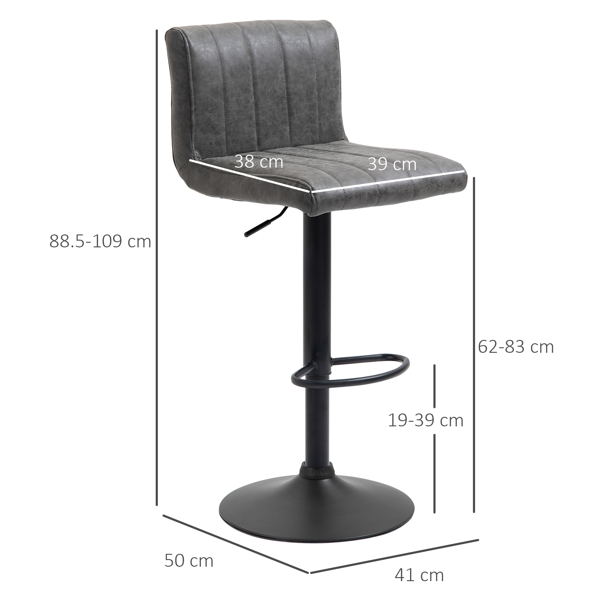HOMCOM Set of 2 Adjustable Height Bar Chairs w/ Footrest, Bar Stools Set of 2 for Home Dining Areas, PU Leather, Counter Bar Stool, Grey Aosom UK - image 4