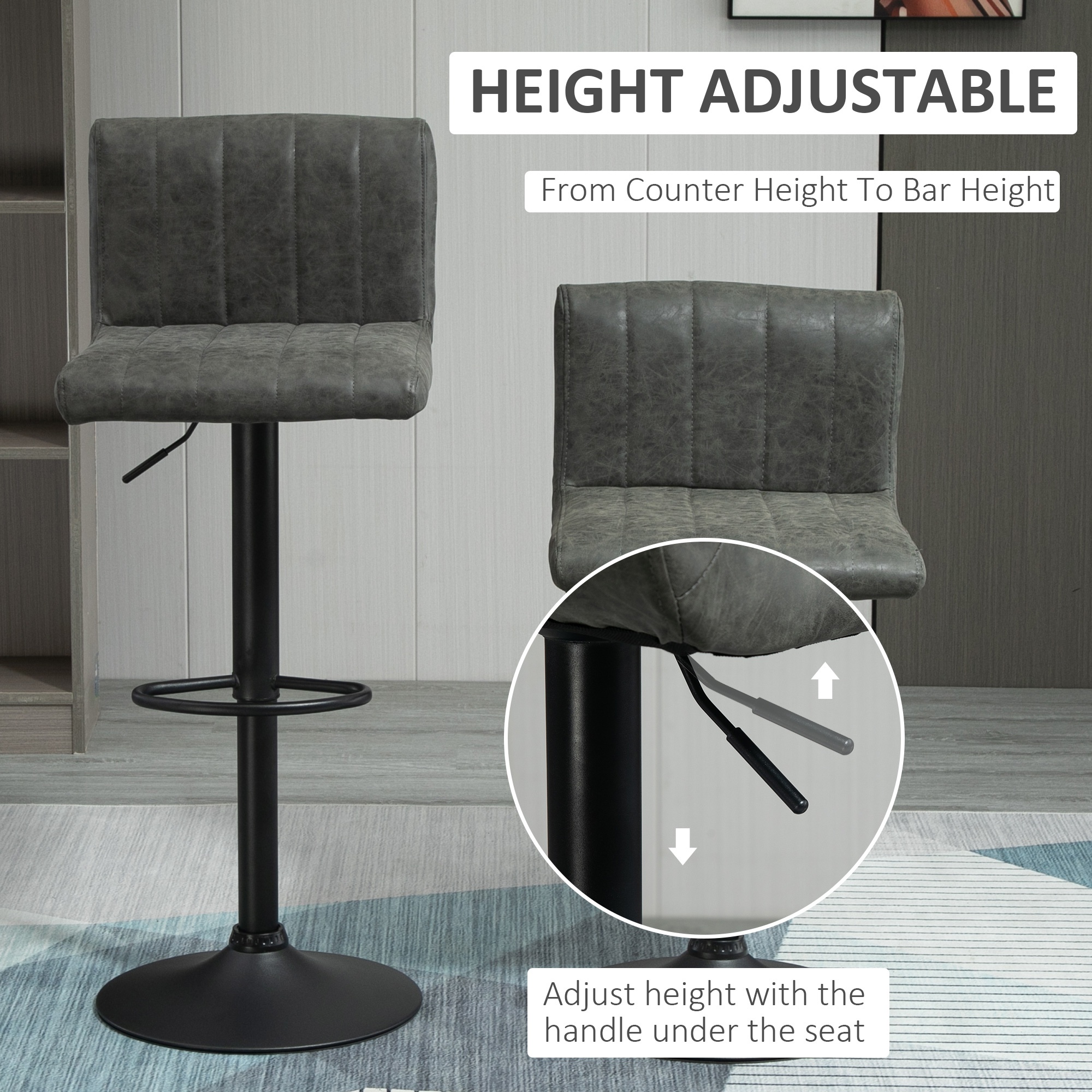 HOMCOM Set of 2 Adjustable Height Bar Chairs w/ Footrest, Bar Stools Set of 2 for Home Dining Areas, PU Leather, Counter Bar Stool, Grey Aosom UK - image 5