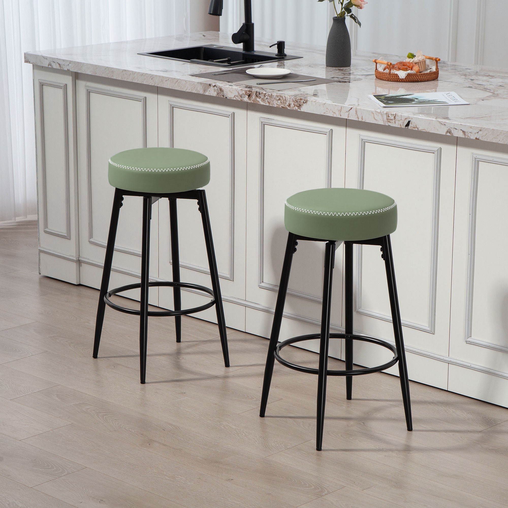 HOMCOM Set of Two Faux Leather Bar Stools - Green/Black - image 2