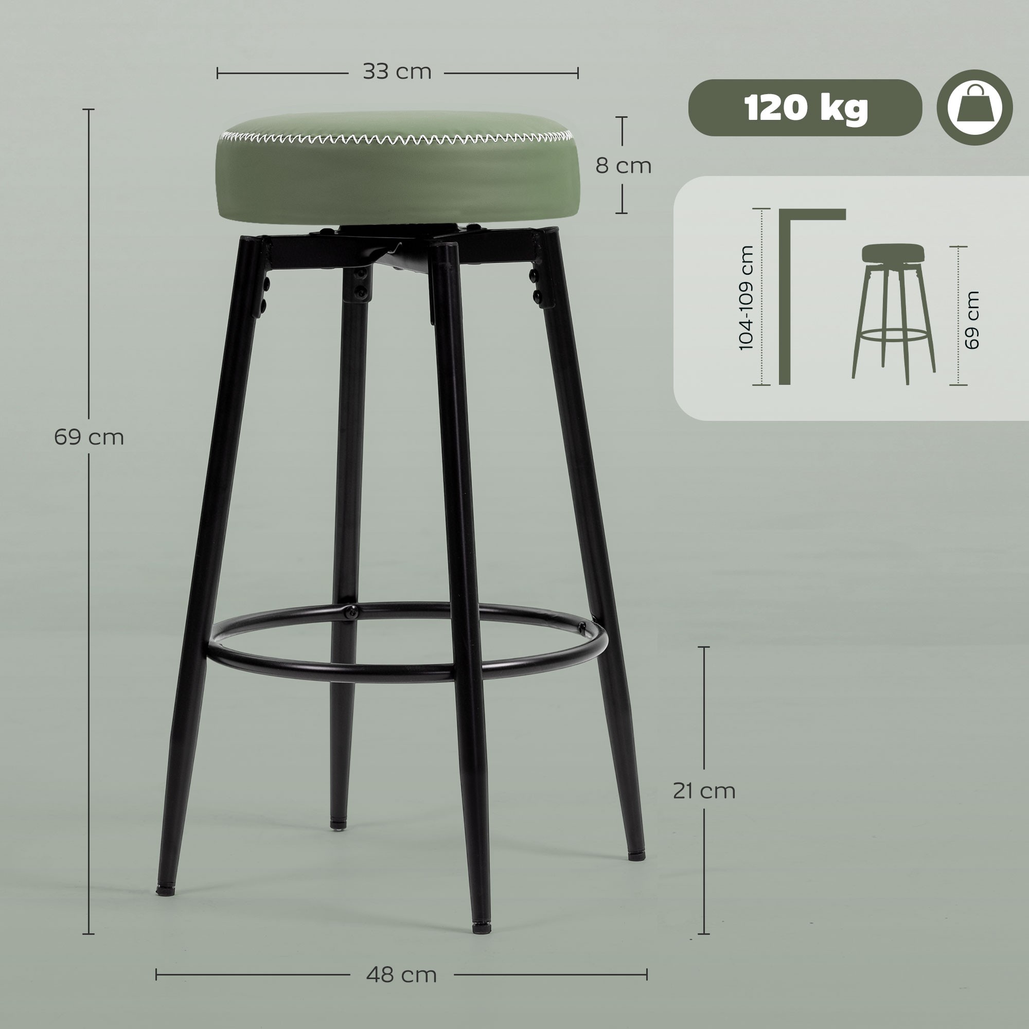 HOMCOM Set of Two Faux Leather Bar Stools - Green/Black - image 3