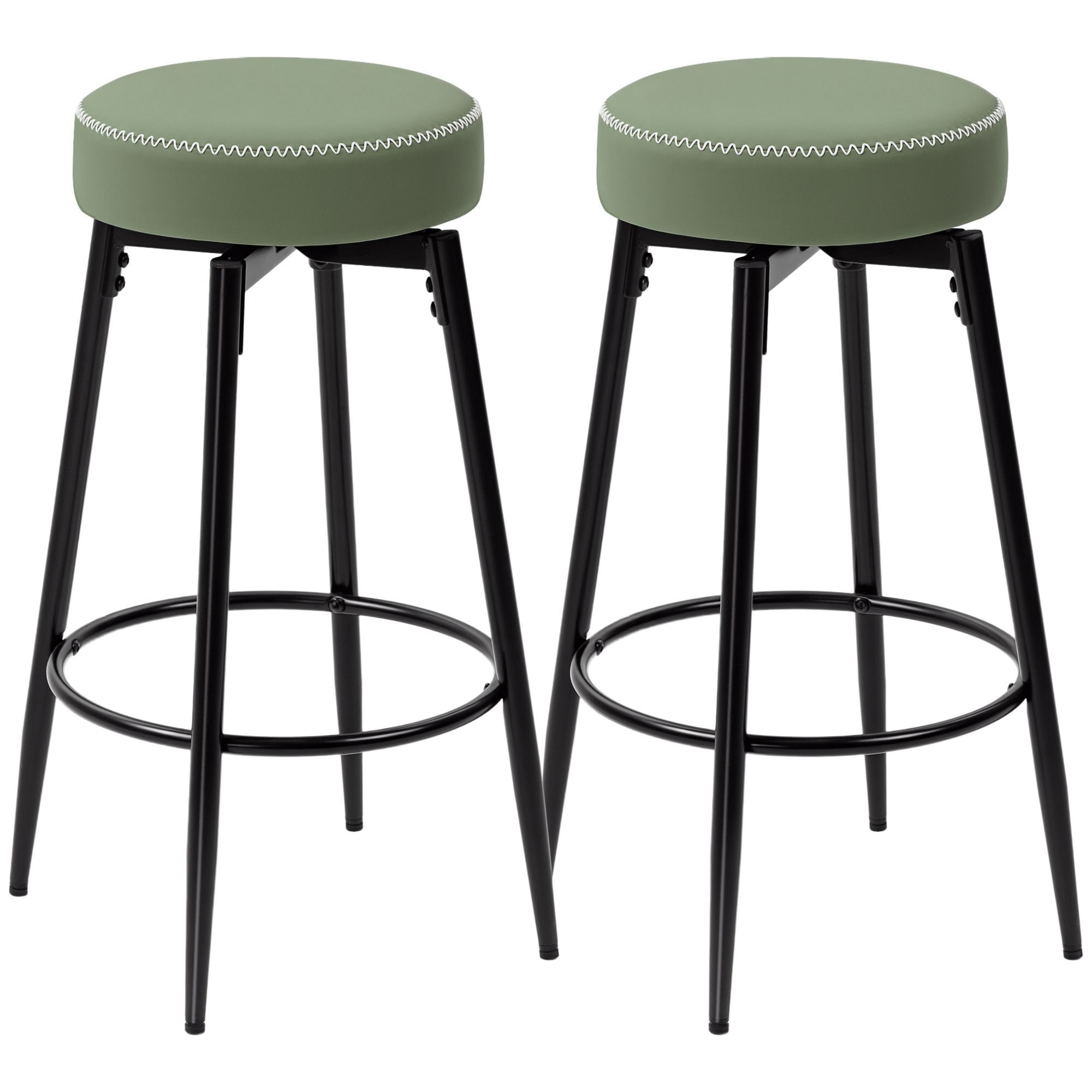 Set of two faux leather bar stools featuring green padded seats with white stitching and sleek black metal legs, designed for modern decor.