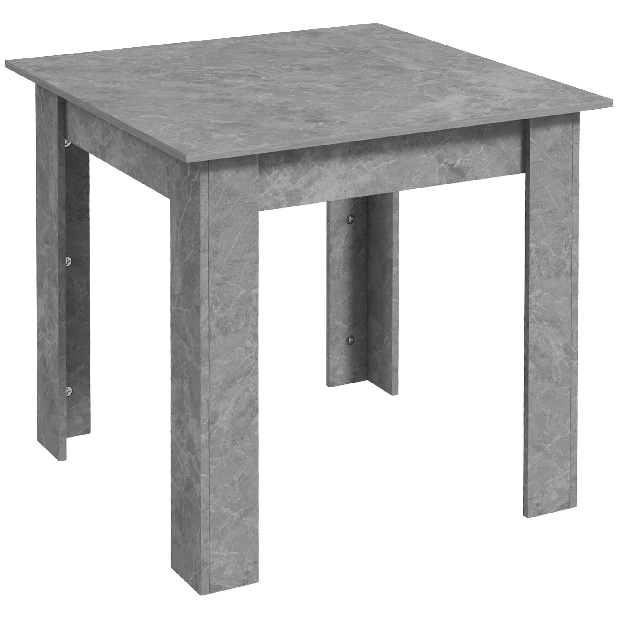Square dining table in cement grey with a faux cement effect, featuring a modern design, space-saving structure, and non-slip foot pads for stability.
