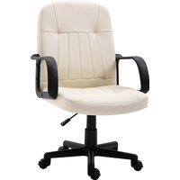 Cream PU leather swivel office chair with black armrests and wheels, mid back design for home office use.