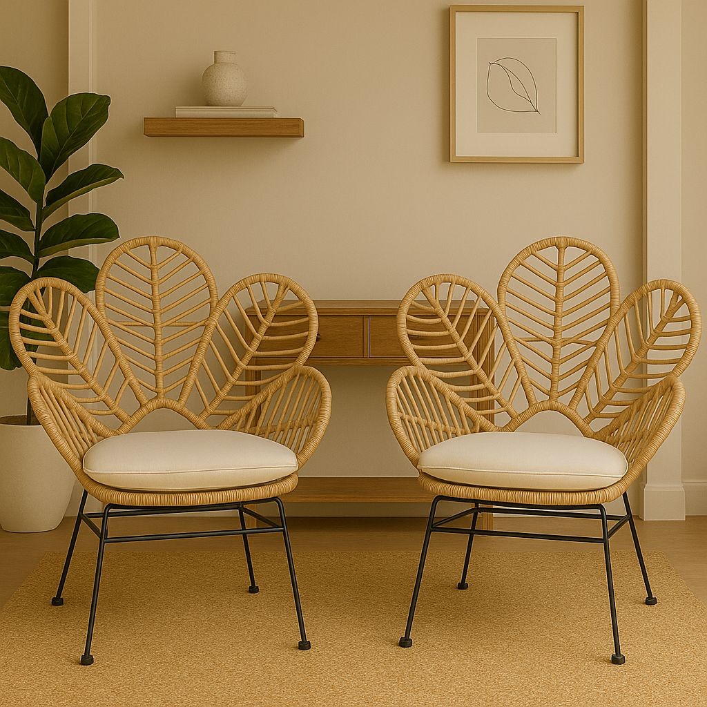 Natural woven leaf design chairs with cream cushions, featuring a rattan-like structure and black metal legs, ideal for indoor or outdoor lounge use, sold as a pack of two.
