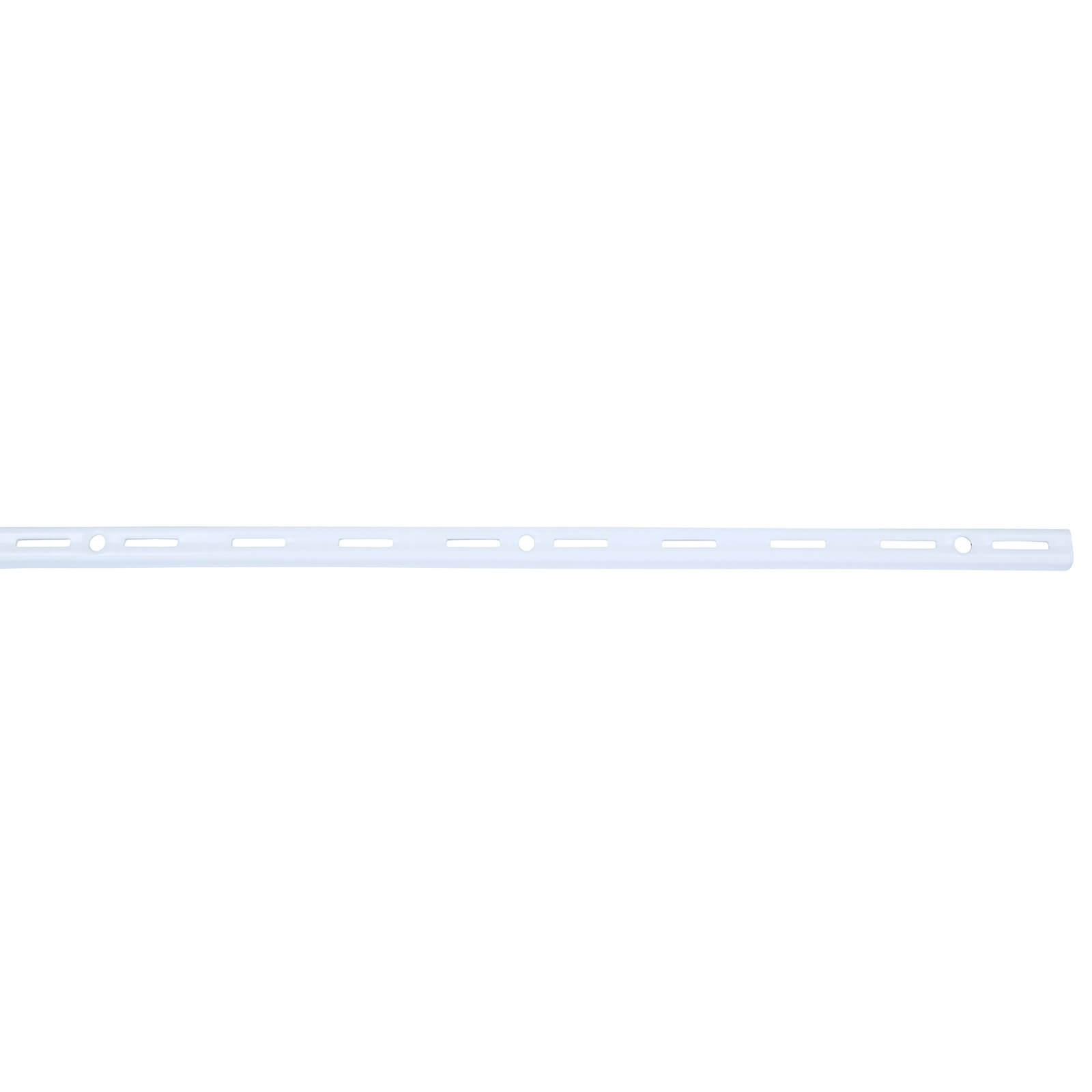 Single slot upright wall strip in white, measuring 200cm, made of durable plastic with multiple slots for easy mounting and organization.