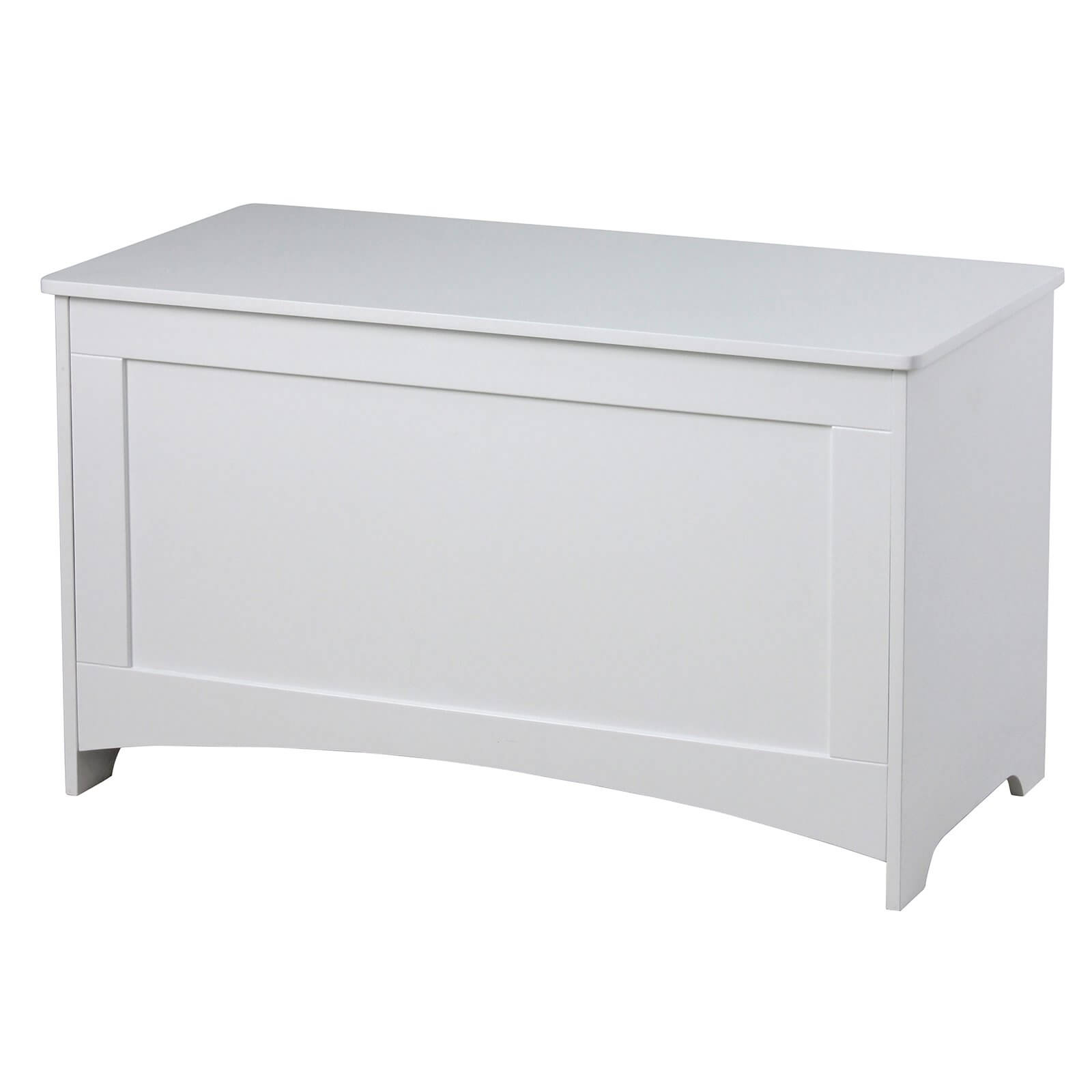 White wooden kids toy box with a smooth top, curved front panel, and dimensions of 780 x 390 x 450mm, perfect for organizing toys and keeping spaces tidy.