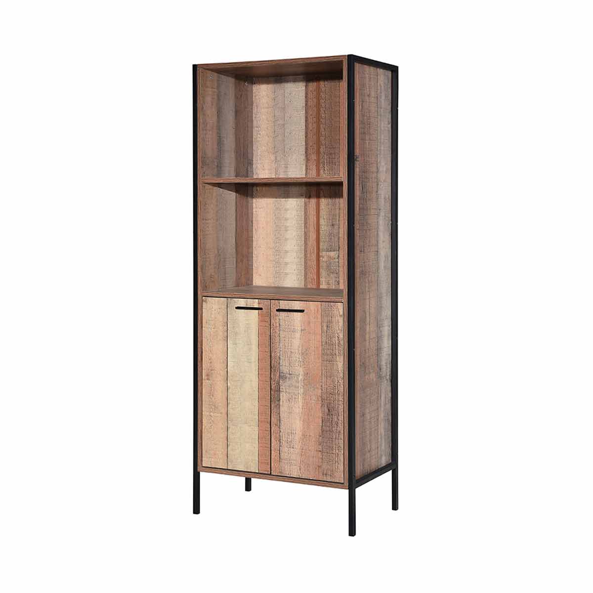 Tall brown bookcase-display cabinet with a wooden finish, featuring two lower doors, two open shelves, and a sleek black metal frame.
