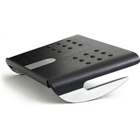 Black and silver Humanscale FR500K foot rest with curved base and perforated top surface.
