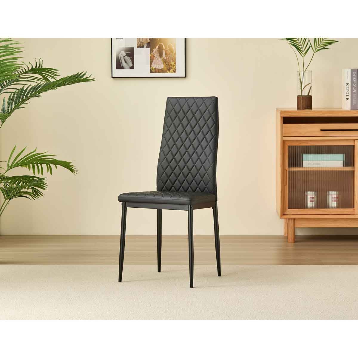 Set of four black leather dining chairs with a diamond quilted pattern and sleek black metal legs, designed for indoor living spaces.