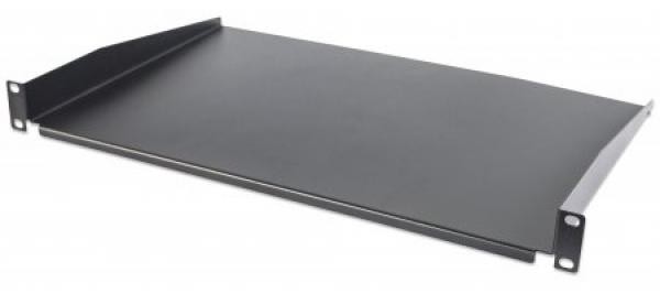 Black metal cantilever shelf measuring 19 inches wide and 300mm deep, featuring a 1U height with angled edges for secure mounting in a rack.