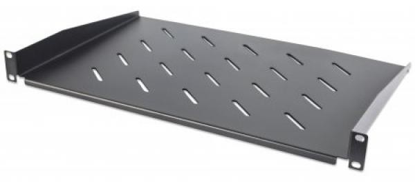 Vented 19-inch cantilever shelf in black, made of metal, featuring a depth of 300mm and slotted design for airflow, suitable for mounting in racks.