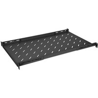 Black Intellinet 19" fixed shelf, 1U, with adjustable rail depth, perforated surface, and 750mm to 950mm depth range.