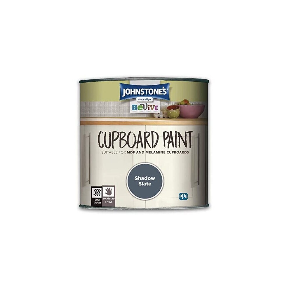 Johnstone's Revive Cupboard Paint in Shadow Slate, 750ml tin, featuring a sleek design, suitable for MDF and melamine cupboards, with a color label prominently displayed.