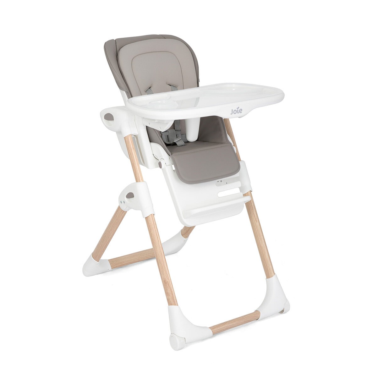 Joie Mimzy Recline Highchair features a walnut wood frame, soft gray fabric seat, adjustable reclining back, and a removable tray for easy cleaning.