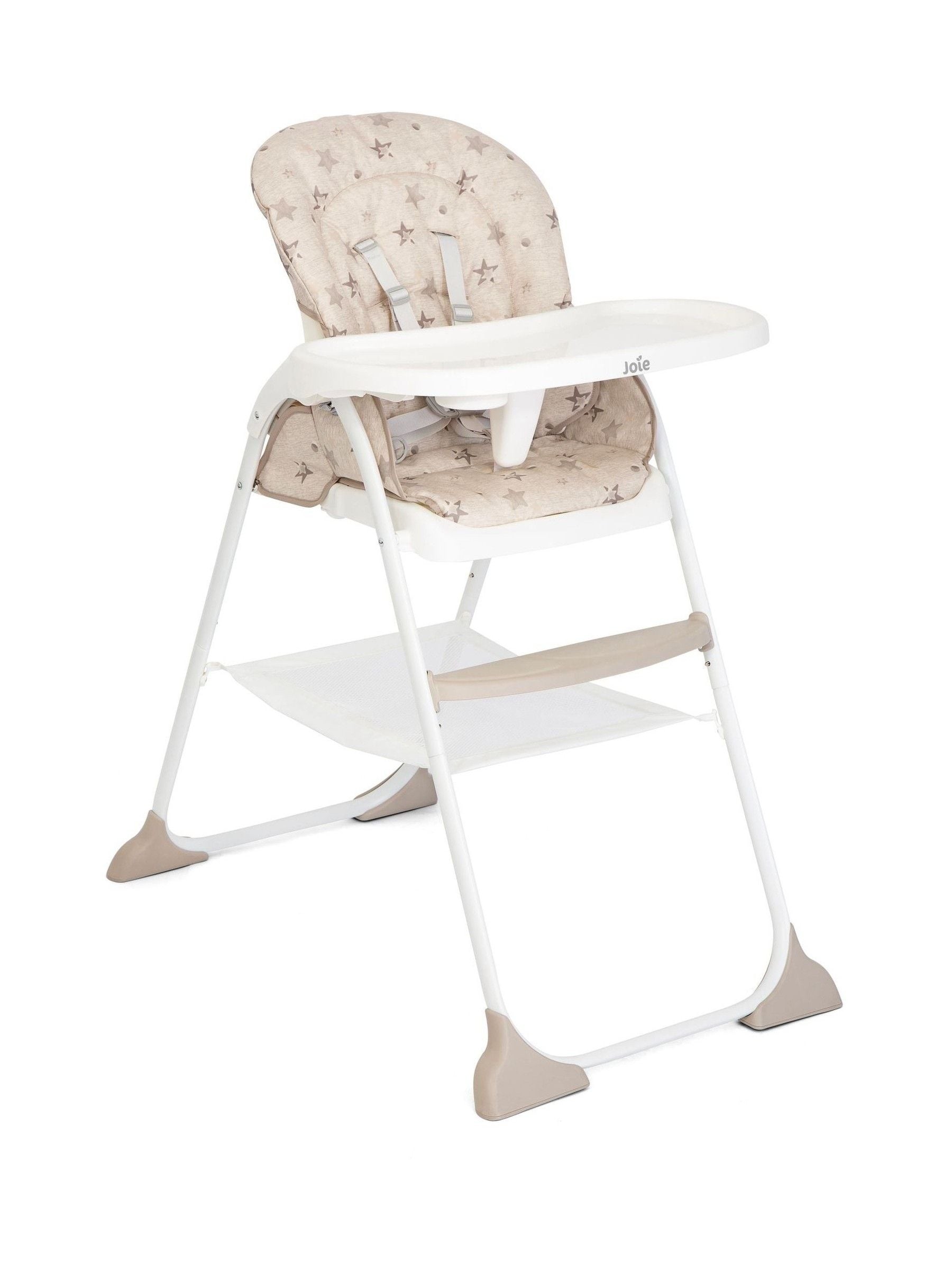 Tan highchair with a patterned seat cover featuring stars, a white plastic tray, and a sturdy metal frame with beige accents, designed for easy cleaning and comfort.