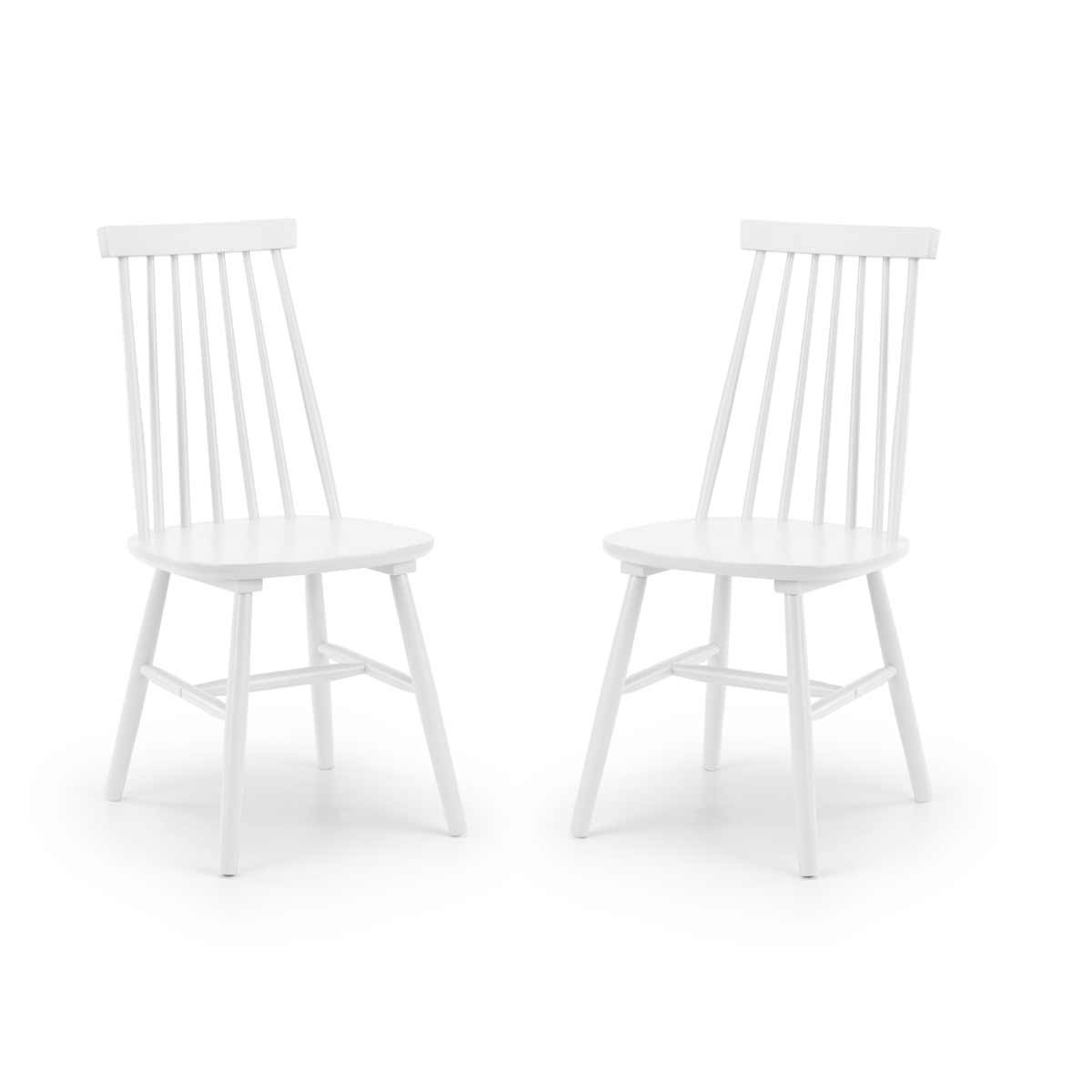 Set of 2 white spindle back dining chairs featuring a classic design, made from wood with a smooth finish and sturdy legs for added support.