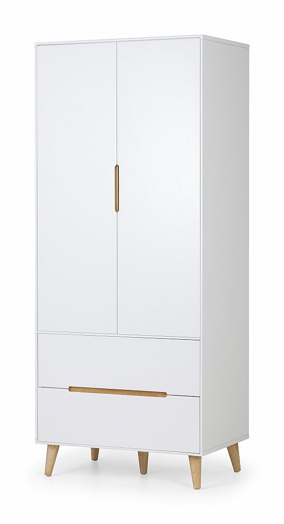 Stylish white wardrobe with two doors, a gold handle, and a lower drawer, featuring wooden legs for a modern touch.
