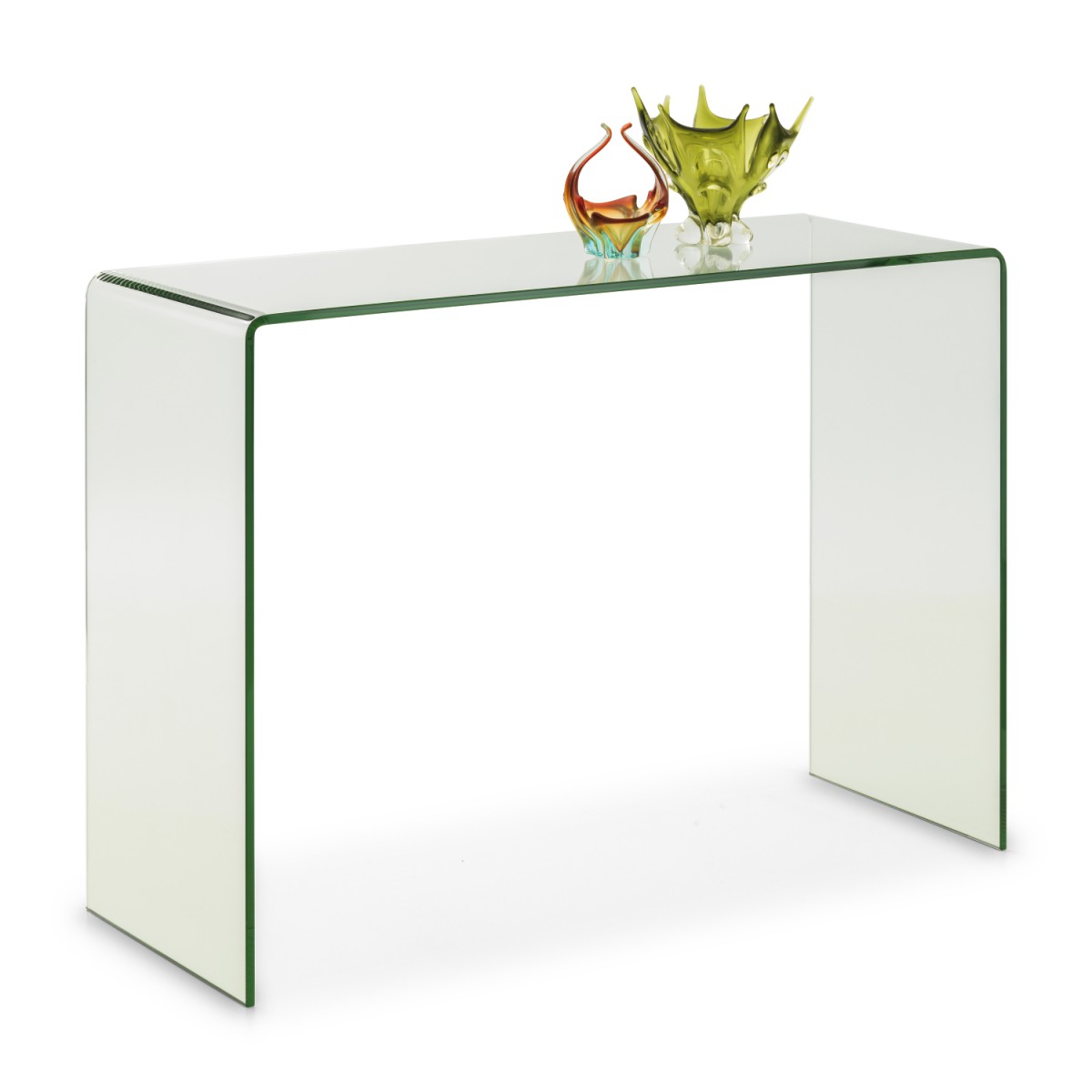 Clear glass console table with sleek, modern design featuring curved edges, showcasing a decorative green glass bowl and an abstract orange sculpture on top.