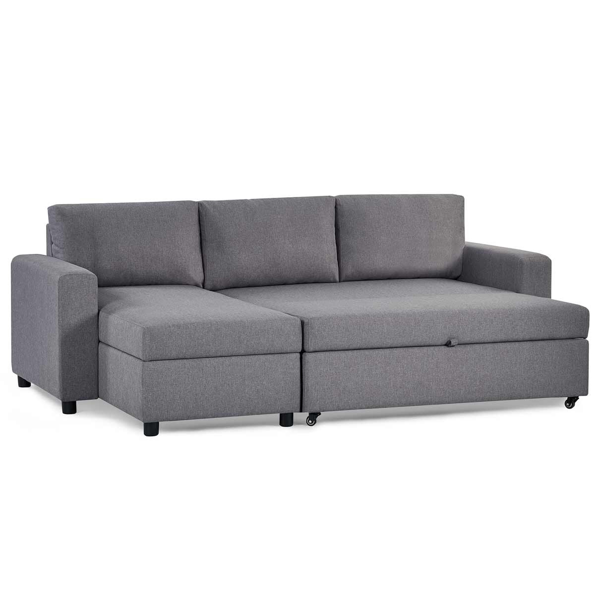 Light grey sofa bed with a modern design, featuring plush cushions, a pull-out bed mechanism, and hidden storage beneath the seat, supported by black legs.