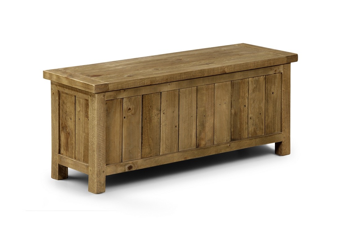 Rustic wooden storage bench in a natural finish, featuring a slatted design and sturdy legs, ideal for organizing and enhancing home decor.