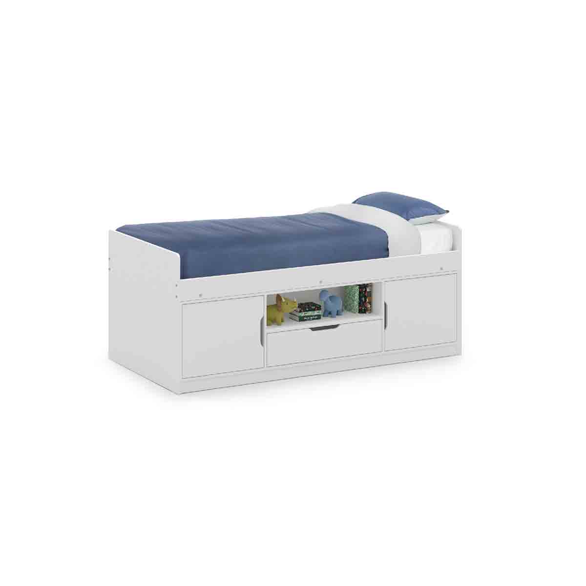 Low sleeper bed in white with a sleek design, featuring a blue mattress, a pull-out drawer, and open storage space for toys or books.