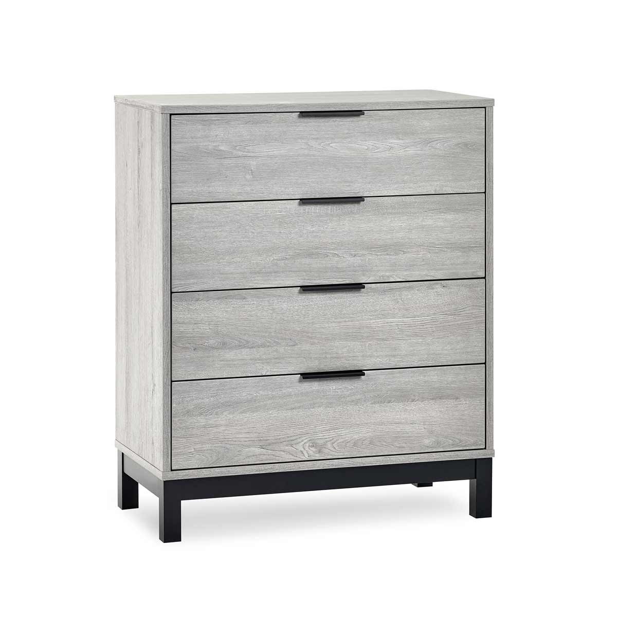 Grey oak four-drawer chest featuring a sleek design, minimalist black handles, and sturdy black legs, ideal for modern bedroom decor.
