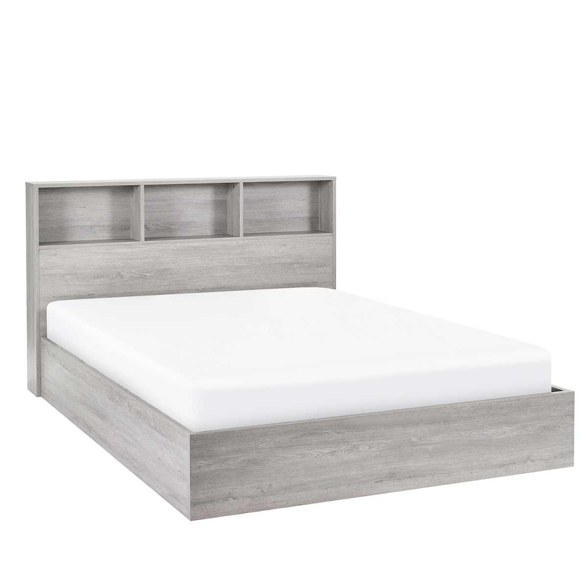 Grey oak storage bedframe with a sleek design, featuring a low-profile headboard with three open shelves and a spacious under-bed storage area, suitable for a 150cm king mattress.