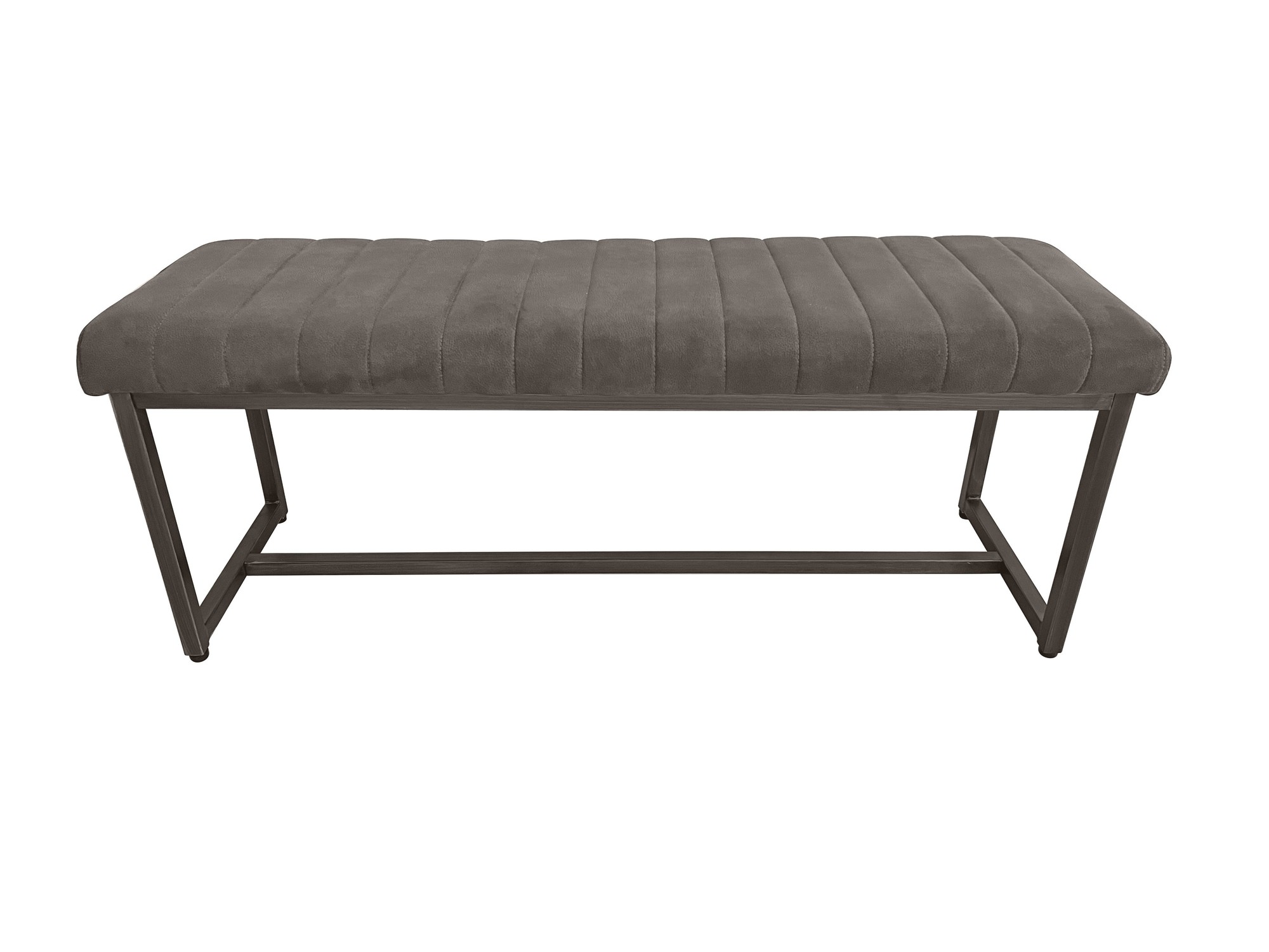 Charcoal upholstered bench with a ribbed design, featuring a sturdy metal frame and sleek legs, ideal for modern decor.