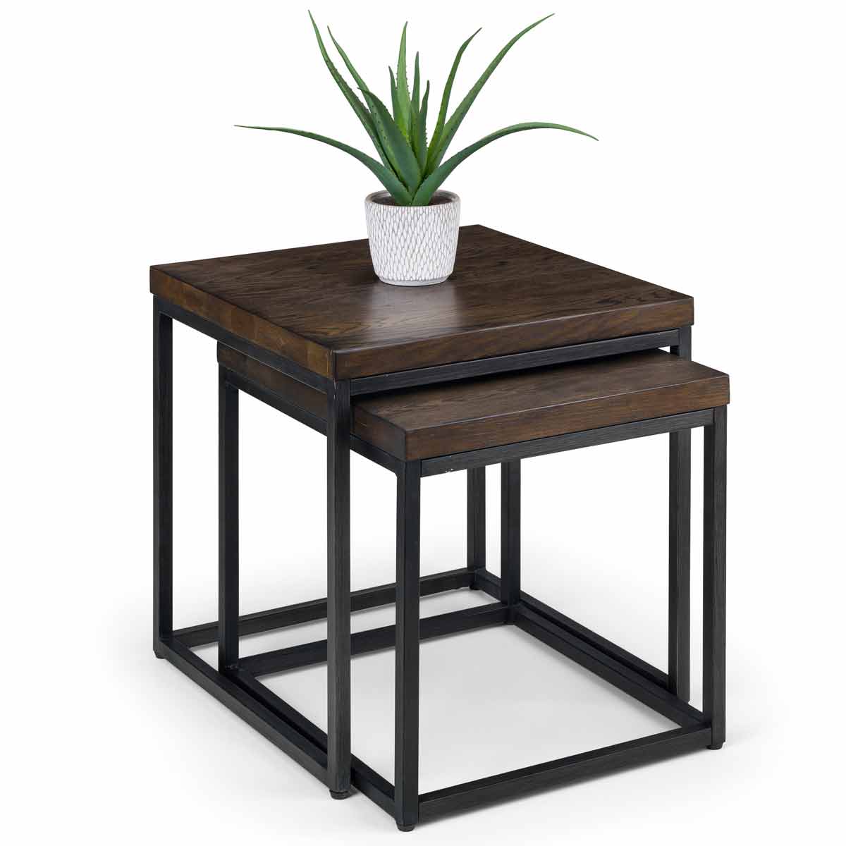 Dark oak nesting lamp tables with a sleek black metal frame, featuring a minimalist design and topped with a potted plant for a stylish accent.