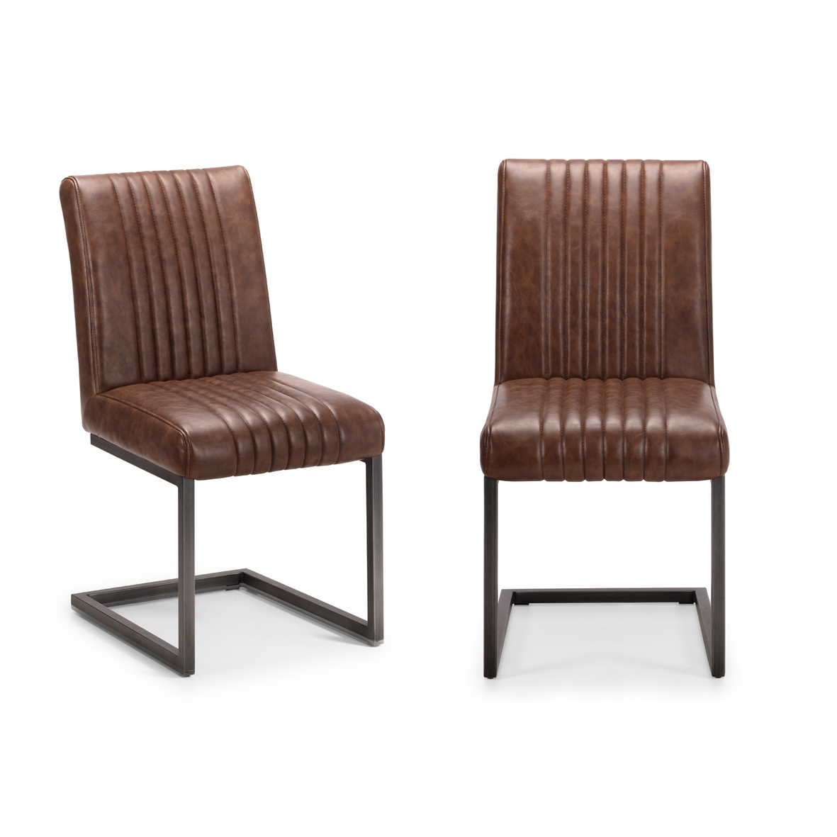 Set of 2 Baxter chairs featuring a brown faux leather finish with vertical ribbed detailing and a sleek metal frame.