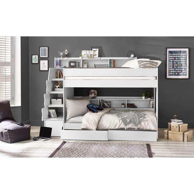 White wooden bunk bed with a staircase, featuring built-in shelves, two beds with storage drawers, and a cozy, modern design suitable for children's rooms.